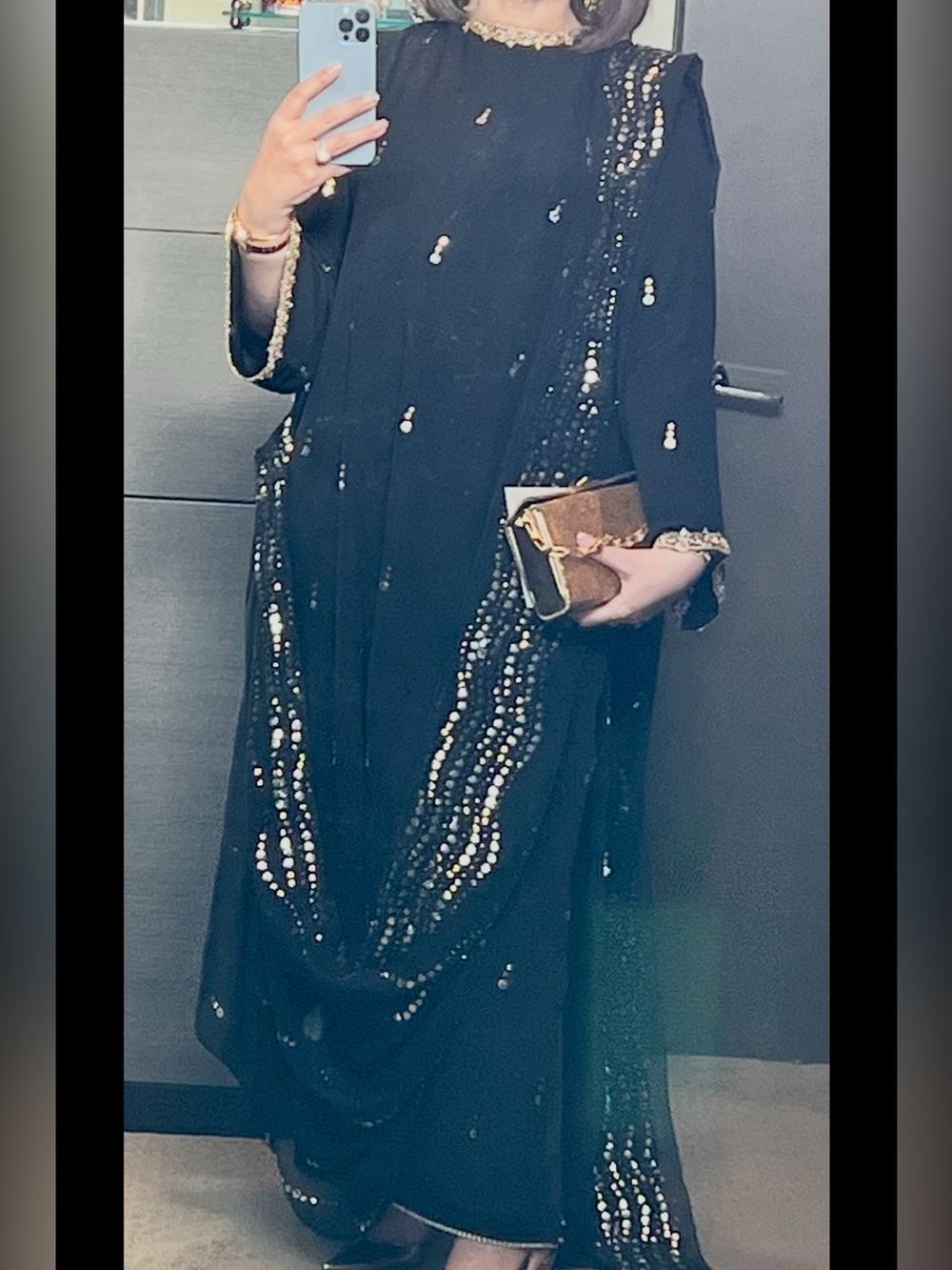 Black Embellished Long-Sleeve Women's Dress with Gold Trim